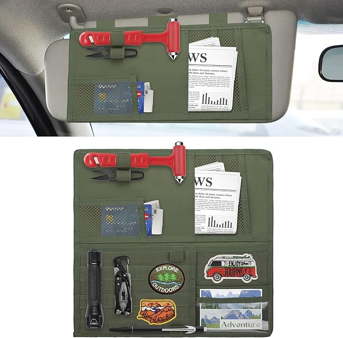 Tactical Visor Organizer, Car Visor Organizer, Sunvisor Organizers, Tactical Visors Cover Molle Webbing, Truck Accessories for Men, Car Sunshade Storage Pouch (Dark Green)
