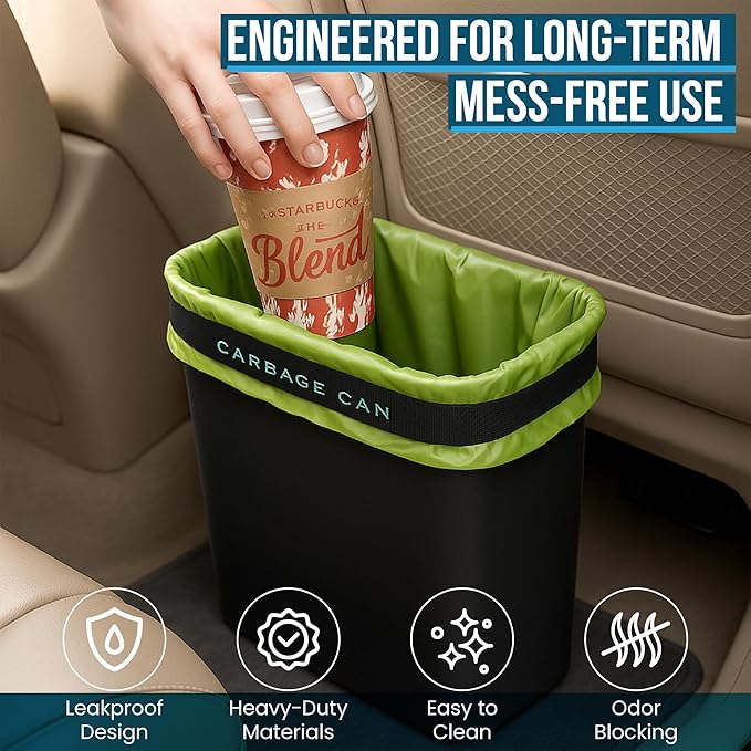 Car Trash Can for Car Garbage: Car Waste Bin w/Floor Mat Clip, Bag Securement Band and Liner for Drivers and Passengers; 3 Gallon Garbage Container for Vehicle, Sedan, SUV, Van, MPV & Truck (Black)