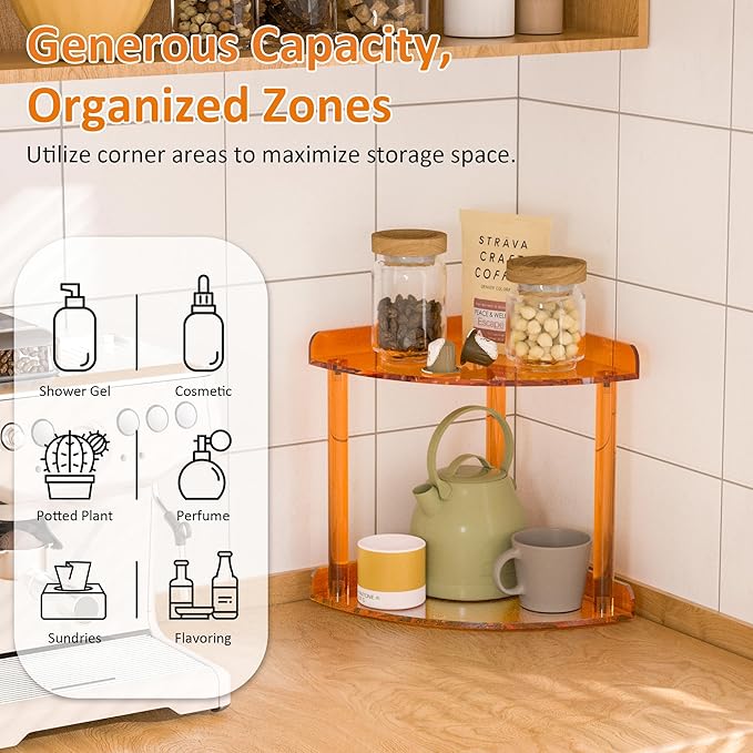 Sezanrpt 2 Tier Acrylic Corner Shelf Organizer Storage 9.5x9.5x8 Inch, Orange Countertop Corner Shelf for Bathroom, Kitchen, 