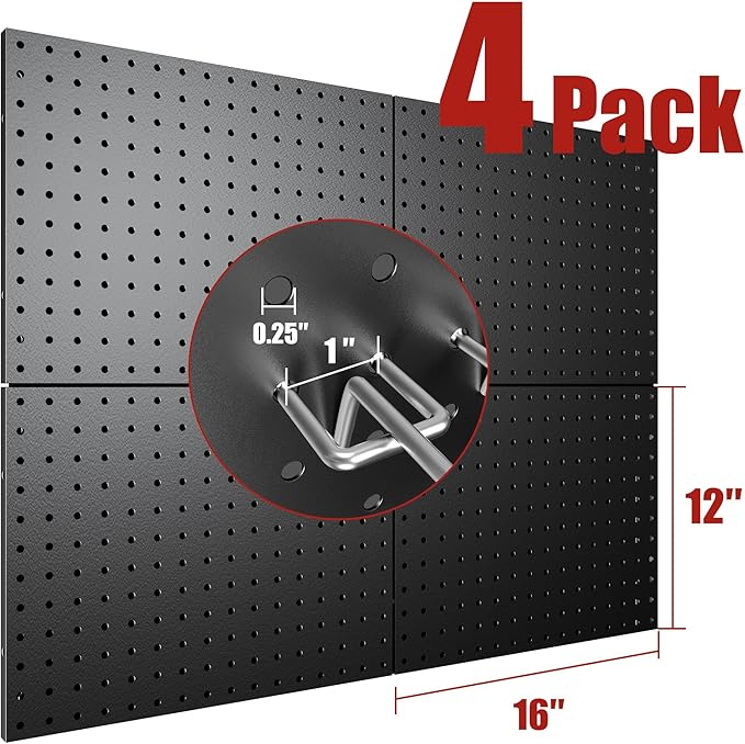 4 Pack Metal Pegboard Panels with 50 Hooks, Black Pegboard Wall Organizer, Pegboard Accessories, Heavy Duty Garage Tool Stora