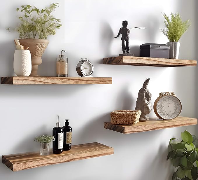 PHPH Wood Floating Shelves for Wall, Wooden Wall Shelves for Bedroom, Set of 6 Light Brown 17 Inch
