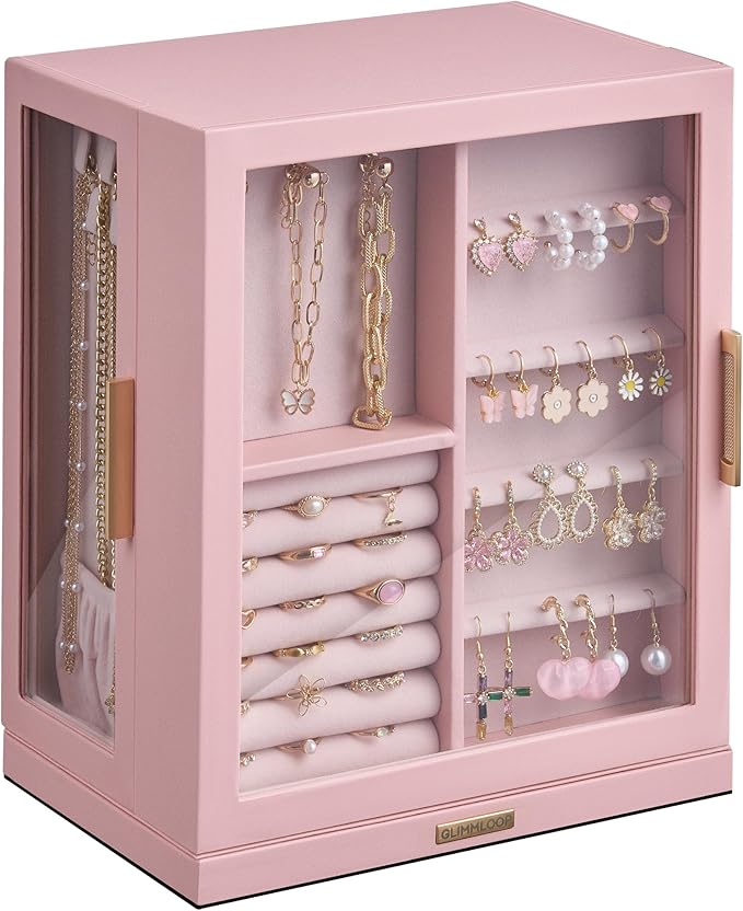 Glimmloop 360° Rotating Jewelry Box with 5 Drawers, Spacious Vertical Jewelry Organizer with Glass Window, Jewelry Storage Ca