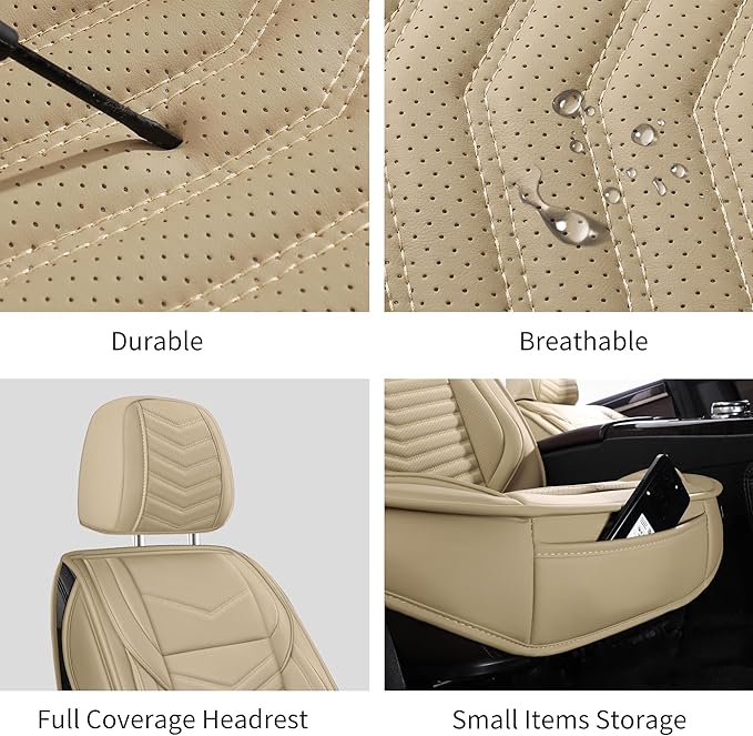 Nappa Leather Car Seat Covers Front Seats, Beige Car seat Protector, Waterproof Car Seat Cushion, Universal Automotive Seat C