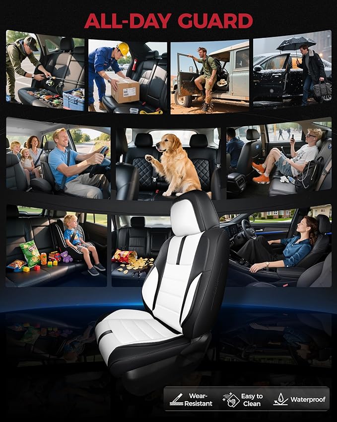 FREESOO Black White Car Seat Covers Full Set - Faux Nappa Leather Seat Covers for Cars, with Front Seatbelt Pads, Cute Breath