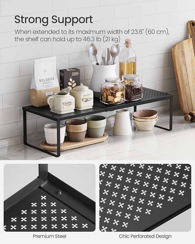 SONGMICS Spice Racks, Set of 2 Expandable Kitchen Countertop Shelves, Small Cupboard Organizers, Metal, Space-Saving Tabletop