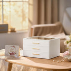 pickpiff Jewelry Box Organizer Case for Women: 3-Layer Jewelry Storage Case with Glass Window, Pure White Leather with Velvet