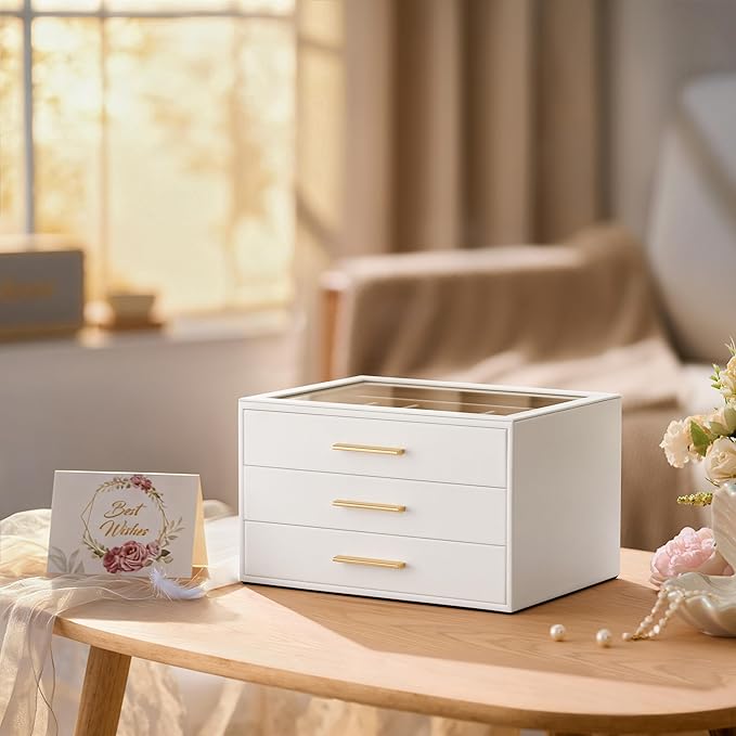 pickpiff Jewelry Box Organizer Case for Women: 3-Layer Jewelry Storage Case with Glass Window, Pure White Leather with Velvet