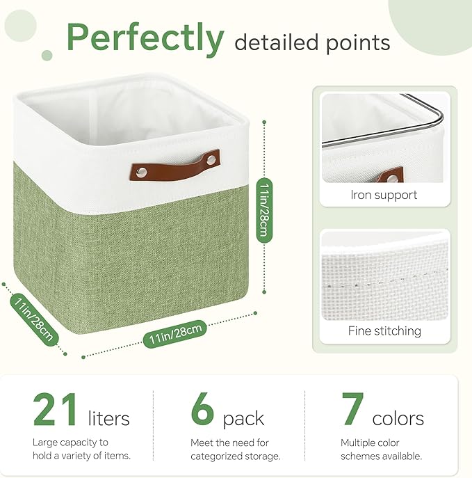 FinishingBo Cube Storage Baskets 6 Pack, 11x11 inch Cube Storage Bins with Leather Handles for Shelf Closet (White/ Green)