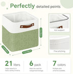 FinishingBo Cube Storage Baskets 6 Pack, 11x11 inch Cube Storage Bins with Leather Handles for Shelf Closet (White/ Green)