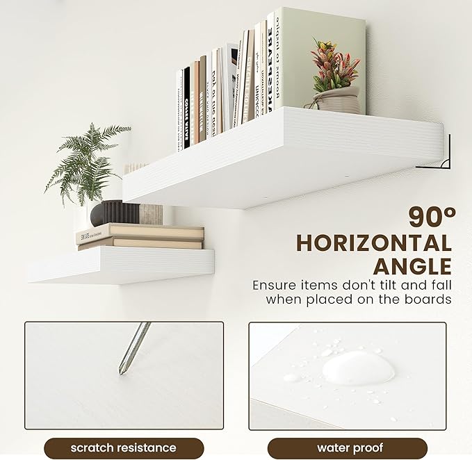 30 Inch Floating Shelves | 12 Inch Deep White Floating Shelves Set of 2 | 30" W x 12" D Rustic Wood Shelves for Wall | Deep W