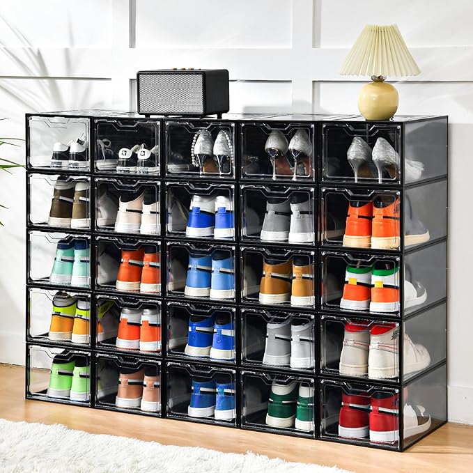 Stebopum 12 Pack Stackable Shoe Storage Organizer with Magnetic Door, Shoe Boxes Clear Black Plastic for Closet, Shoe Rack fo