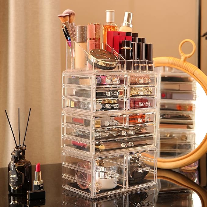 Cq acrylic 4 Pack Clear Makeup Organizer Countertop,Stackable 12 Drawers Skincare Organizer,Cute Skin Care Organizer for Vani