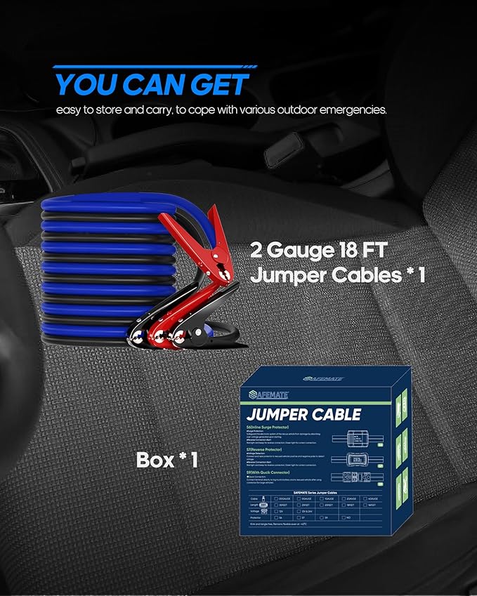SAFEMATE Heavy Duty Jumper Cables, 2 Gauge 18 feet Automotive Booster Cables for Car Battery, with Voltage Detection and Reverse Connection Protection