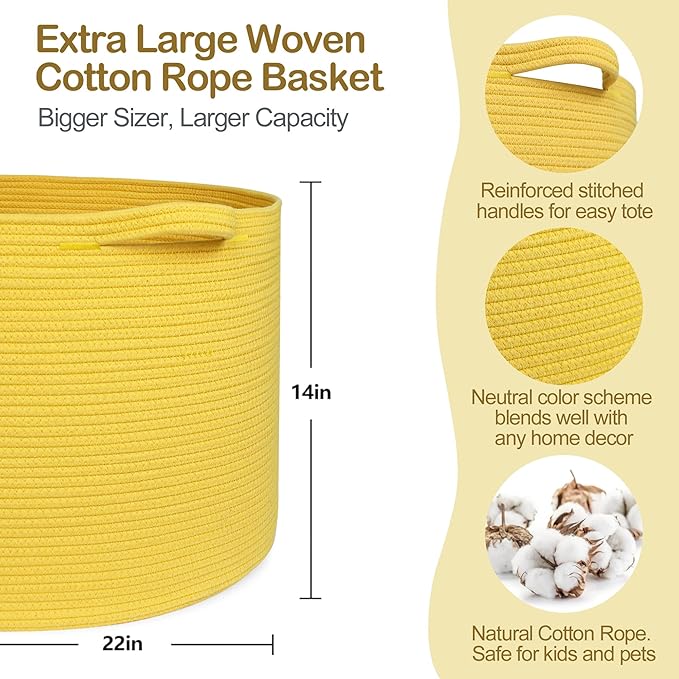 MEGASKET Extra Large Yellow Basket, 22” X 22” X 14” Cotton Rope Yellow Decor for Living Room Bedroom, Woven Basket for Blanke