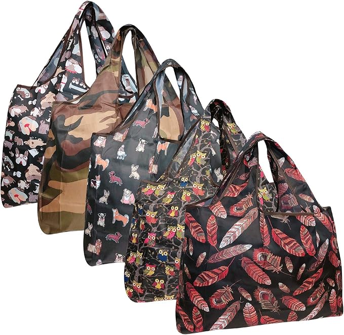 allydrew Large Foldable Tote Nylon Reusable Grocery Bags, 5 Pack