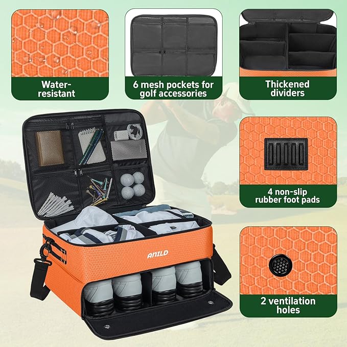 ANILD Golf Trunk Organizer, 2 Layer Golf Storage Case with Separate Ventilated Compartment for 2 Pair Shoes, for Balls, Tees,
