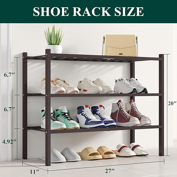 Smiry Shoe Rack, 3 Tier Bamboo Shoe Organizer, Stackable Free Standing Wooden Shoe Storage Shelf for Closet, Entryway, Front 