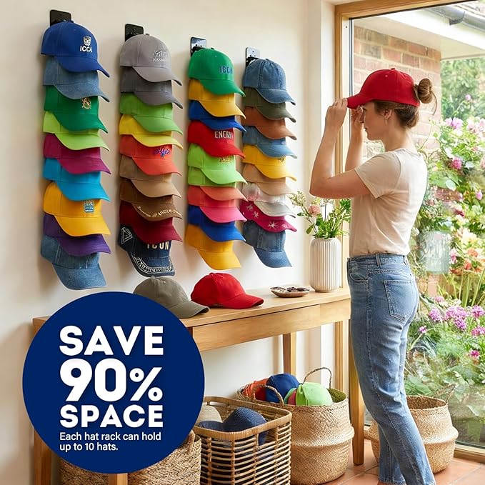 2 Pack Hat Hook Organizer for Baseball Caps, Hat Hanger Holder for 20 Caps, Wall Hat Rack with Strong Adhesive, Multilayer Ca