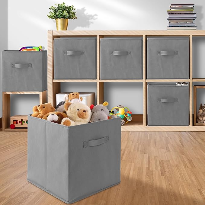 Casafield Set of 6 Collapsible Fabric Cube Storage Bins, Gray - 13" Foldable Cloth Baskets for Shelves, Cubby Organizers & Mo
