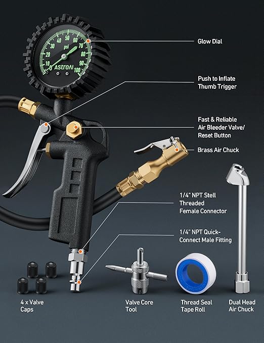 AstroAI Tire Pressure Gauge with Inflator, 100 PSI-ANSI B40.1 Accurate, Large 2.5" Easy Read Glow Dial, Heavy Duty Air Chuck and Compressor Accessories for Truck, with Case