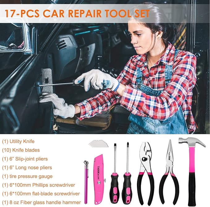 THINKWORK Car Emergency Kit for Teen Girl and Lady's Gifts, Pink Emergency Roadside Assistance kit with Pink Car Tool Set, 10