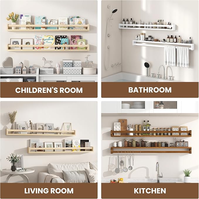 Fun Memories Nursery Book Shelves Set of 2, 48 Inch Solid Wood Wall Book Shelves, Kids Room Floating Shelves Organizer & Toy 