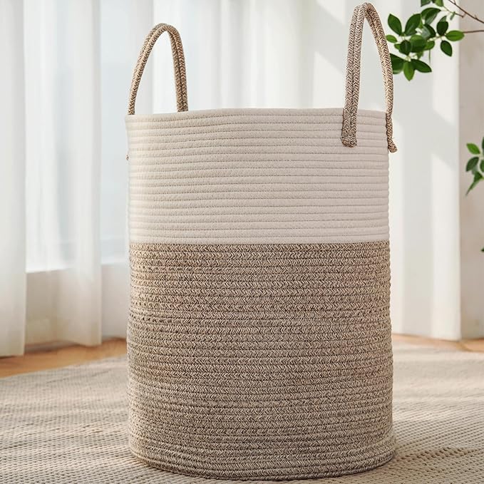 JMvicyroam Large Woven Laundry Basket Hamper,100L Cotton Rope Storage Bin for Blankets,Toys and Clothes,Decorative Tall Nurse