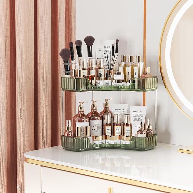 Asayuee 2-Tier Corner Bathroom Counter Organizer with Top Toothbrush Holders,Large Makeup Organizer Countertop with Brush Hol