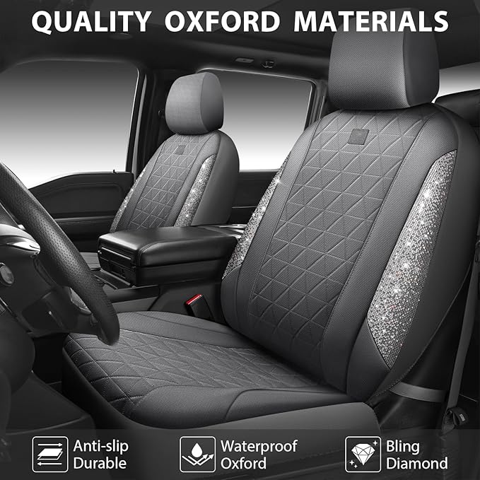 CAR PASS Gray Oxford Bling Diamond Car Seat Covers Full Set Interior Sets, Waterproof Shining Glitter Sparkly Crystal Univers