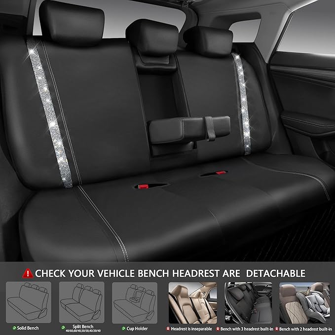 CAR PASS Bling Diamond Car Seat Covers, Shining Rhinestones Waterproof Faux Leather, 7 Seats 3 Rows with Zipper Glitter Crystal Sparkle Strips Universal Fit 95% MPV,SUV,CAR for Women Girl, Silver