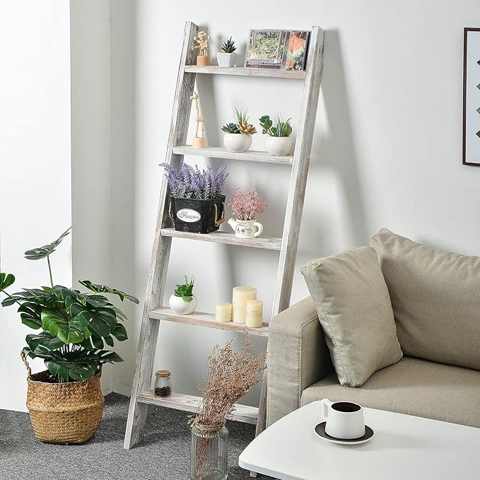 Rustic 5-Tier Wall-Leaning Wood Loadder Towel Racks for Bathroom Livingroom Kithen Office Woden Farmhouse Ladder-Style Blanke