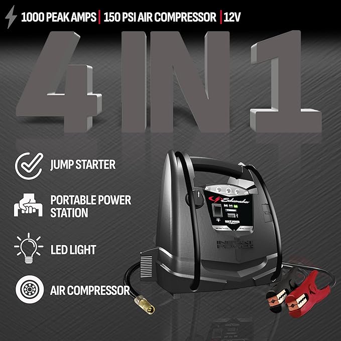 Schumacher SJ1330 1000 Peak Amp Jump Starter and Air Compressor with 12V USB Portable Power Ports