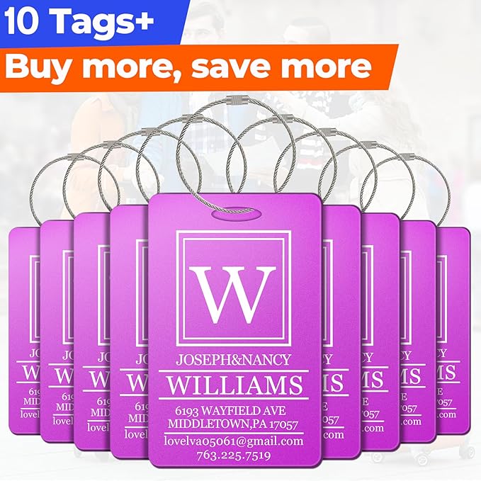 10 PCS Personalized Luggage Tags, Custom Engraved Aluminum Luggage Tags for Family, Metal Luggage Tags for Suitcases, Backpac