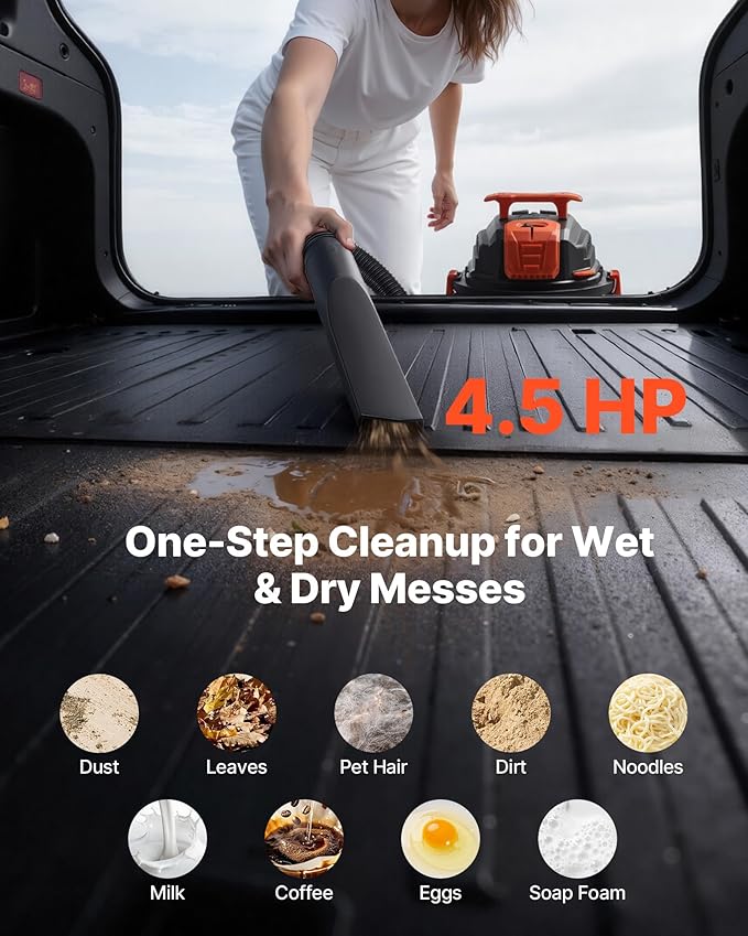 VEVOR Shop Vac, 8 Gallon Wet Dry Shop Vacuum, 4.5 Peak HP Portable with One-Button Self-Cleaning, Dual-Filter, 900W Input Pow