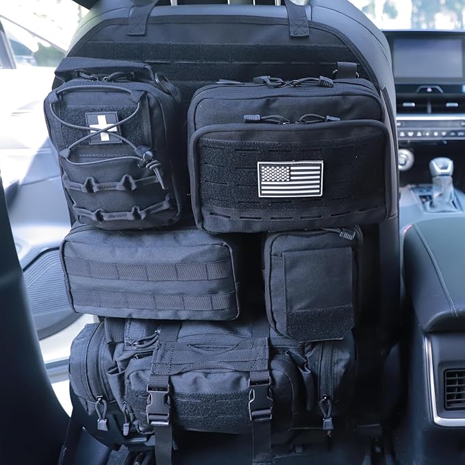 Universal Tactical Car Seat Back Organizer Bag Tactical Molle Vehicle Organizers Panel Vehicle Protector Organizers with 5 Detachable Pouches for Car (Upgraded C Black)