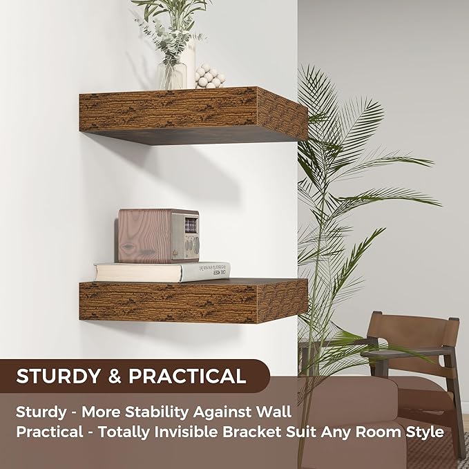 Square Floating Shelves for Wall, 12" W x 12" D x 2" H, 2 Pack of Small Wall Mounted Engineered Wood Shelves with Invisible B