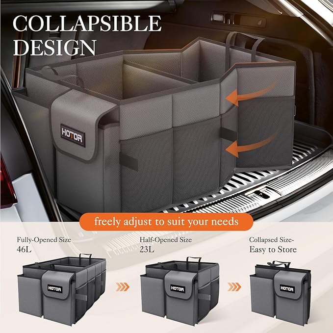 HOTOR Foldable Trunk Organizer - 2-Compartment 21.3x12.6x10.6 Grey SUV & Sedan Organizer for Accessories, Tools and Sundries