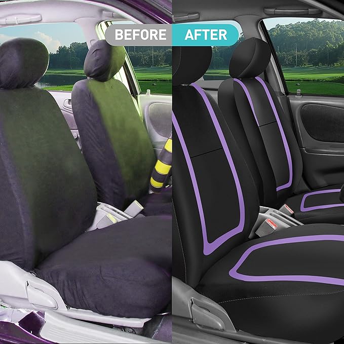 FH Group Unique Flat Cloth Full Set Car Seat Covers w. Silicone Steering Wheel Cover- Universal Fit for Most Cars, Trucks, SUVs or Vans (Purple/Black)