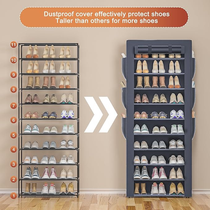OYREL Shoes Rack 10 Tier Tall Shoe Rack with Storage Pockets, Fabric Covered Shoe Racks,Metal Shoes Rack Organizer for Closet