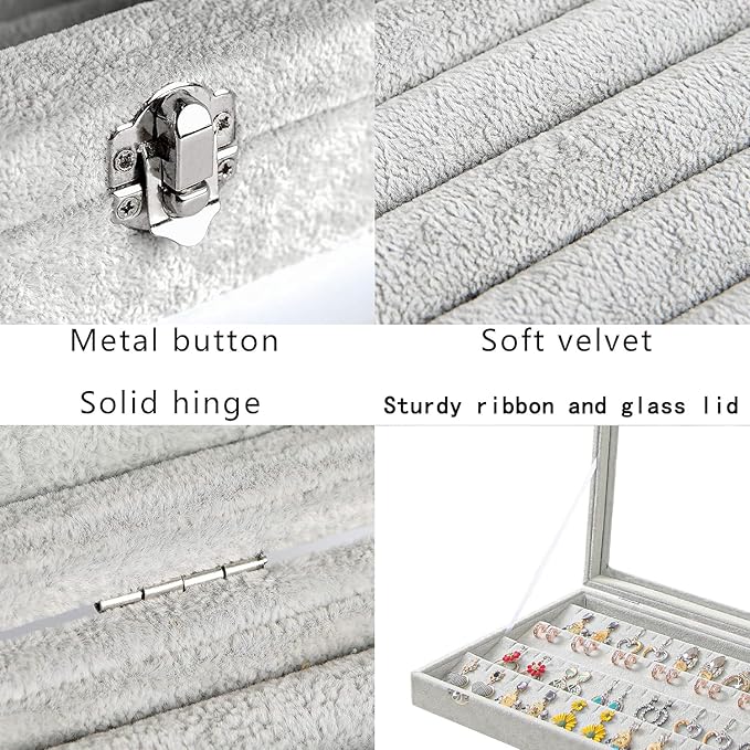 Coward Earring Organizer Tray Box, Grey Beige Velvet Earring Jewelry Display Storage Tray Case with Transparent Glass Lid for
