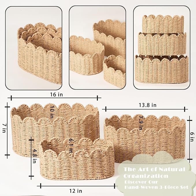Scalloped Basket Set of 3, Wicker Storage Baskets - Hand-Woven Paper Rope Nursery Organizer for Diaper Caddy, Baby Toys & She