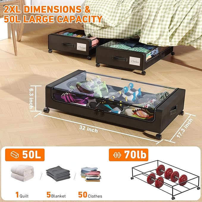 Under Bed Storage with Wheels, 4 Pack Under Bed Storage Containers with Dividers & Clear Lids, XXL 65L Under the bed storage 