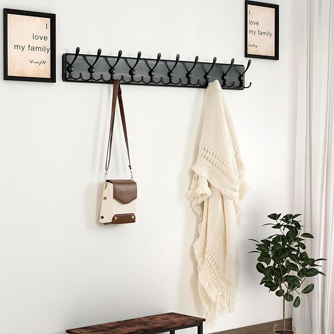 Dseap Coat Rack Wall - Heavy-Duty 38-1/4" Long, with Reinforced 10 Custom Tri-Hooks, Solid Wood Wall Hanger for Coats Hat Jac