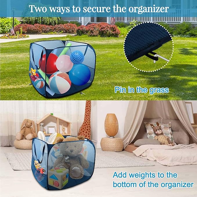 Pop up Pool Toy Storage Bin,22"X22"X22"Pool Float Organizer Bag with 2 Side Pockets Mesh Swimming Pool Toys Organizer with 4 