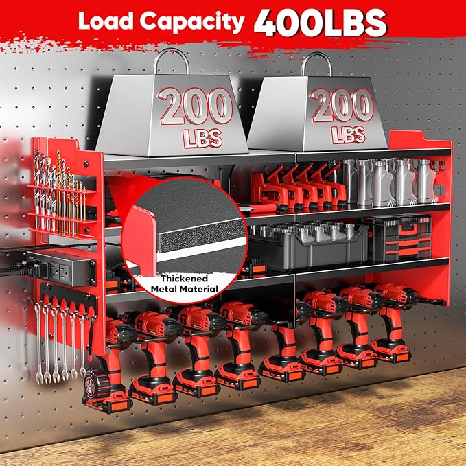 POKIPO Large Power Tool Organizer Wall Mount with Charging Station,4 Layer Heavy Duty Metal Tool Storage Shelf Loads 600lbs,B