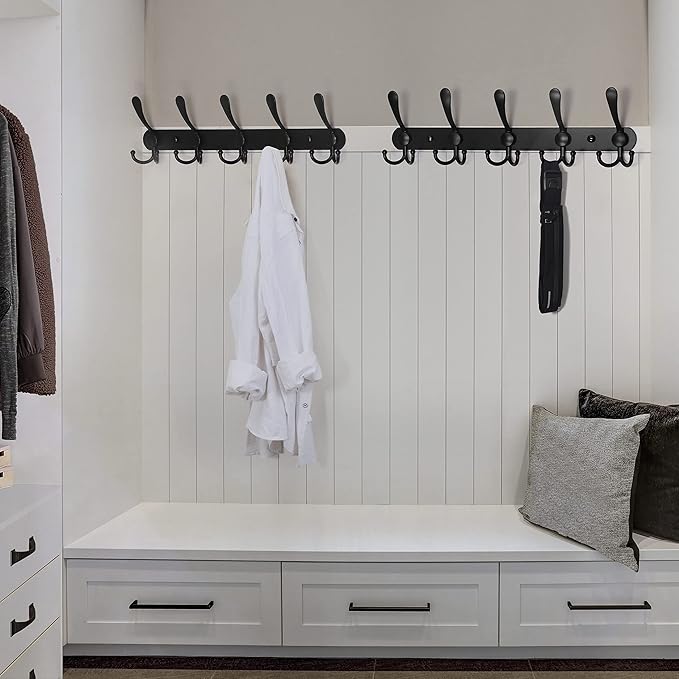 Dseap Coat Rack Wall Mounted - 5 Tri Hooks, Heavy Duty, Stainless Steel, Metal Coat Hook Rail for Coat Hat Towel Purse Robes 