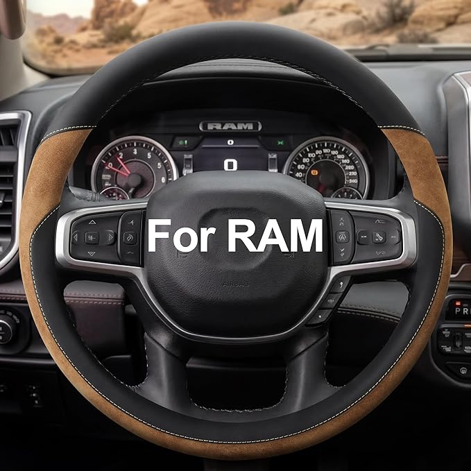 West Llama Customized Auto Car Steering Wheel Cover for Dodge RAM 1500 2500 3500, 15.5-16 inch (Dark Brown - Large Size)