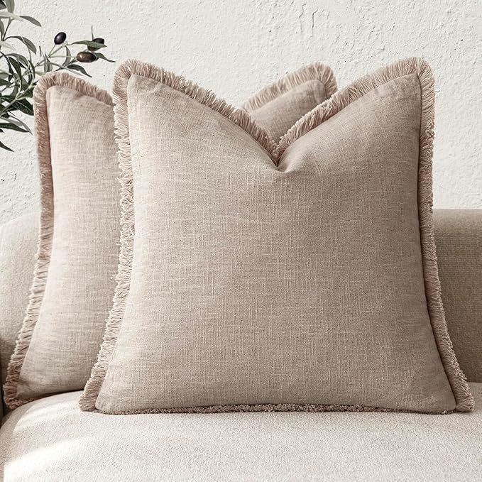 Foindtower Set of 2 Decorative Linen Fringe Throw Pillow Covers Farmhouse Cushion Cover with Tassels Soft Accent Pillowcase f