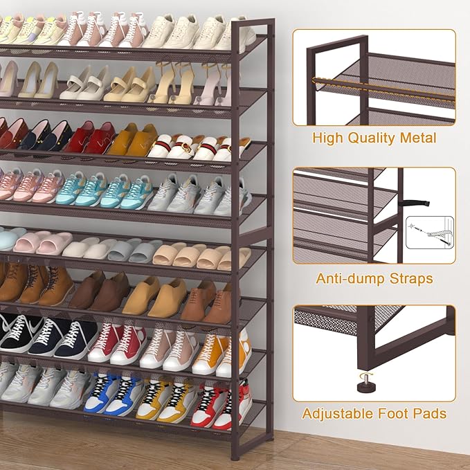 Large Shoe Rack 8 Tier Shoe Organizer, Heavy Duty Metal 4-Tier Stackable Shoe Storage Vertical Shoe Rack for Closet Front Doo