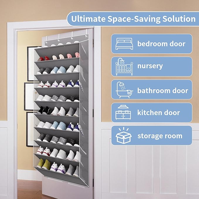 TAHAVICE 30 Pairs Over The Door Shoe Organizer, 10-Tier Hanging Shoe Rack with Deep Pocket for Closet, Extra Large Shoe Stora